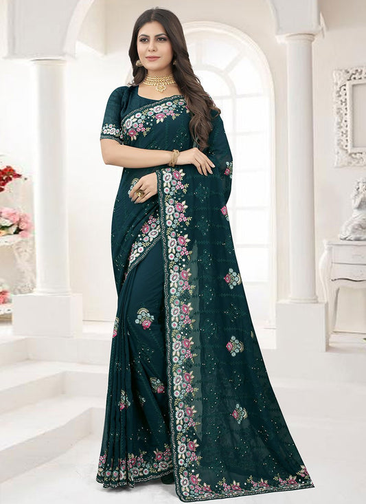 Trendy Saree Georgette Teal Embroidered Saree