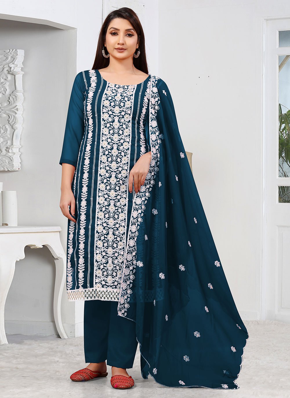 Pakistani Salwar Suit Georgette Teal Embroidered Salwar Kameez