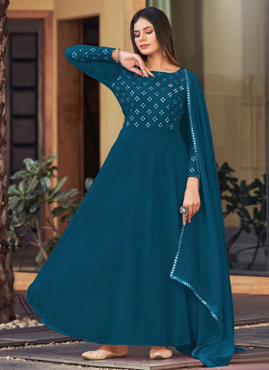 Salwar Suit Georgette Teal Mirror Salwar Kameez