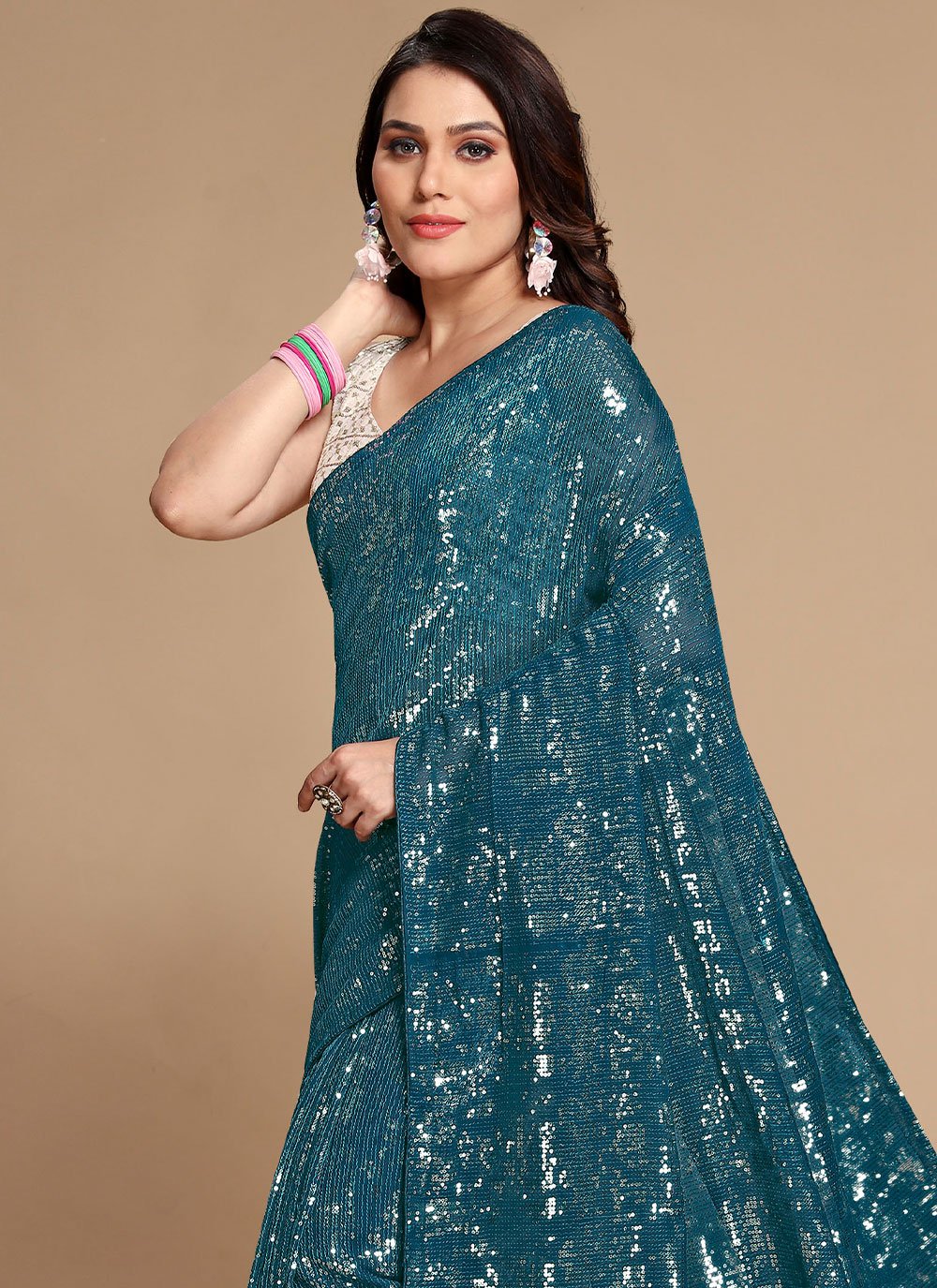 Classic Georgette Teal Sequins Saree