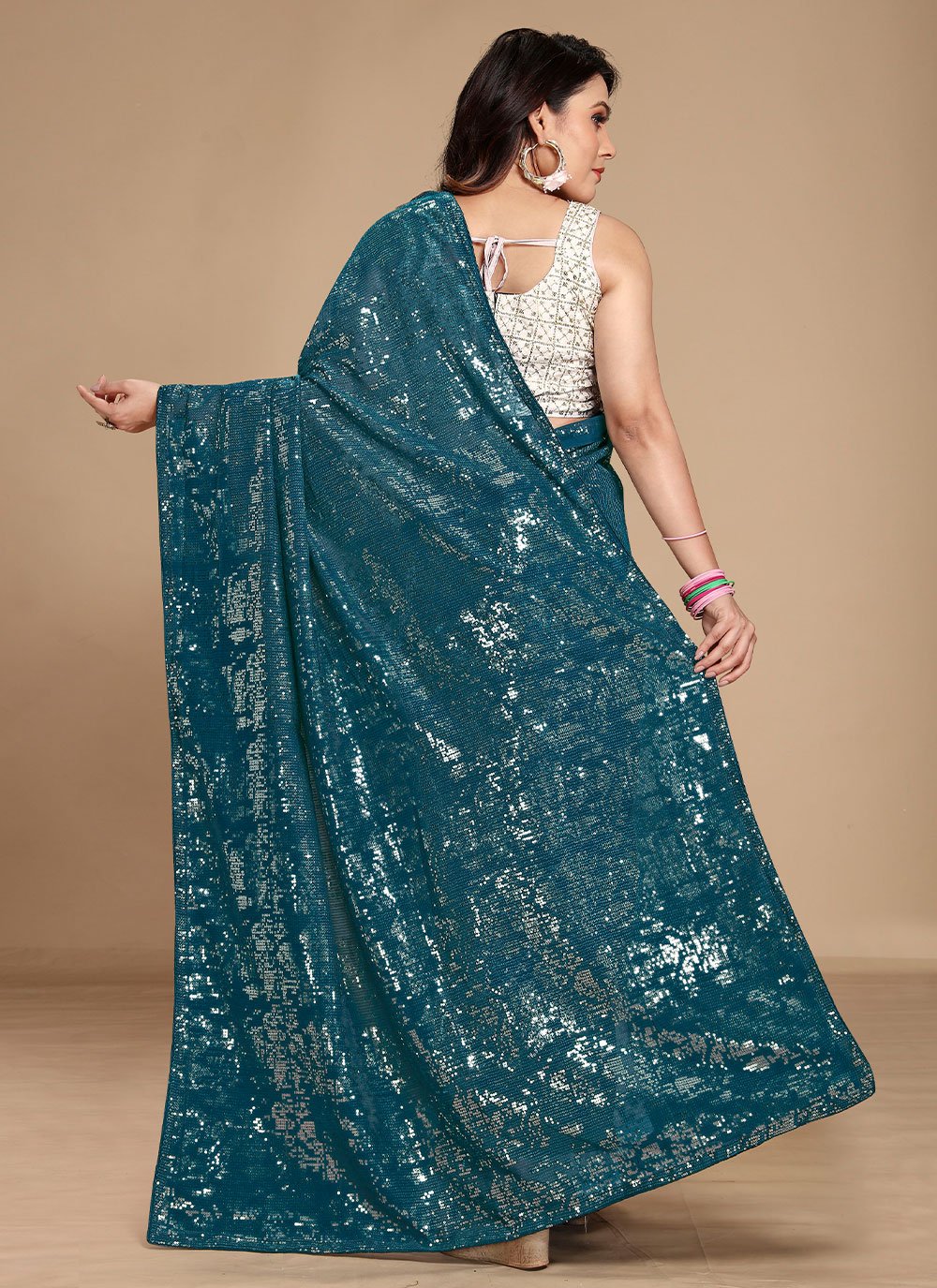 Classic Georgette Teal Sequins Saree