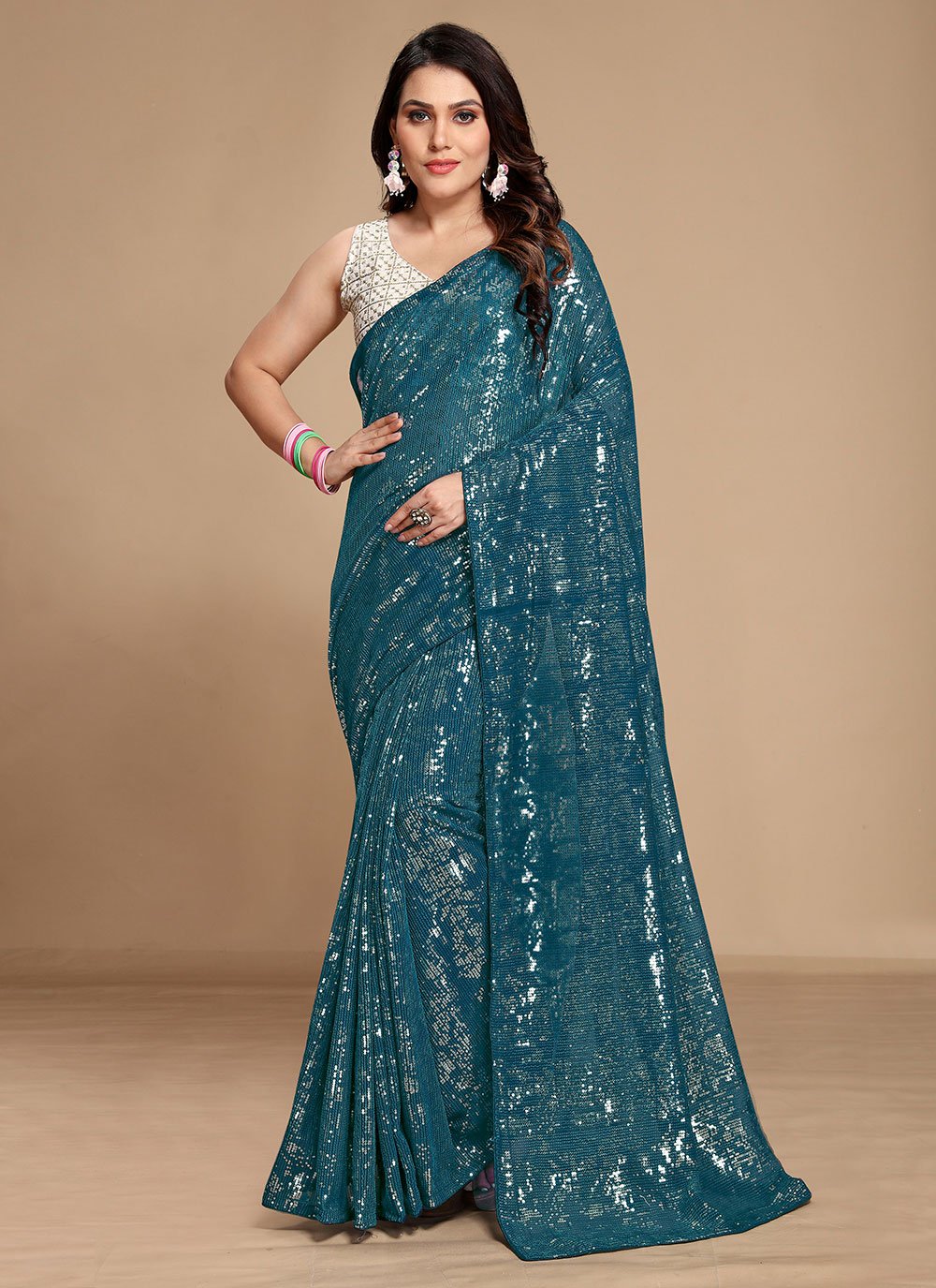 Classic Georgette Teal Sequins Saree