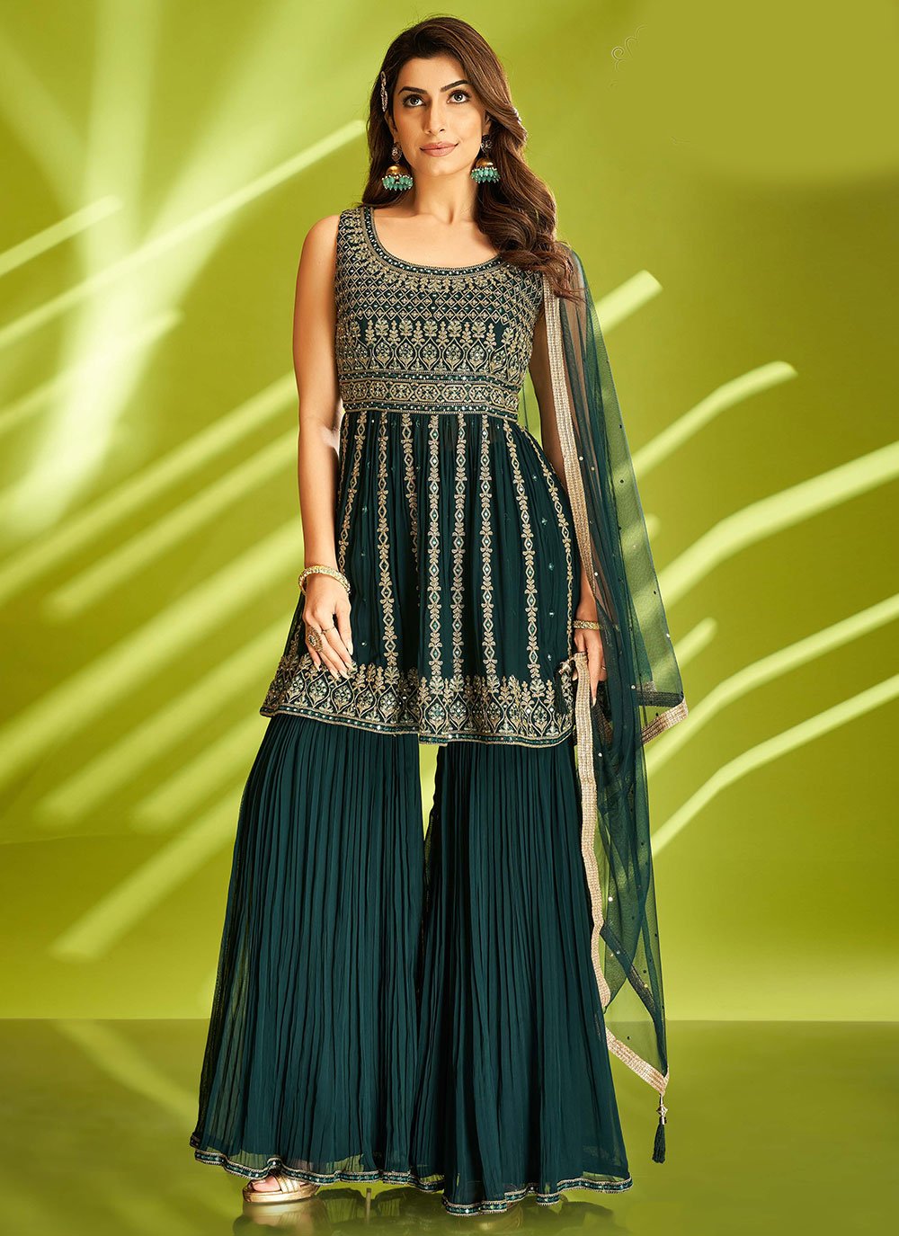 Palazzo Salwar Suit Georgette Teal Embroidered Salwar Kameez