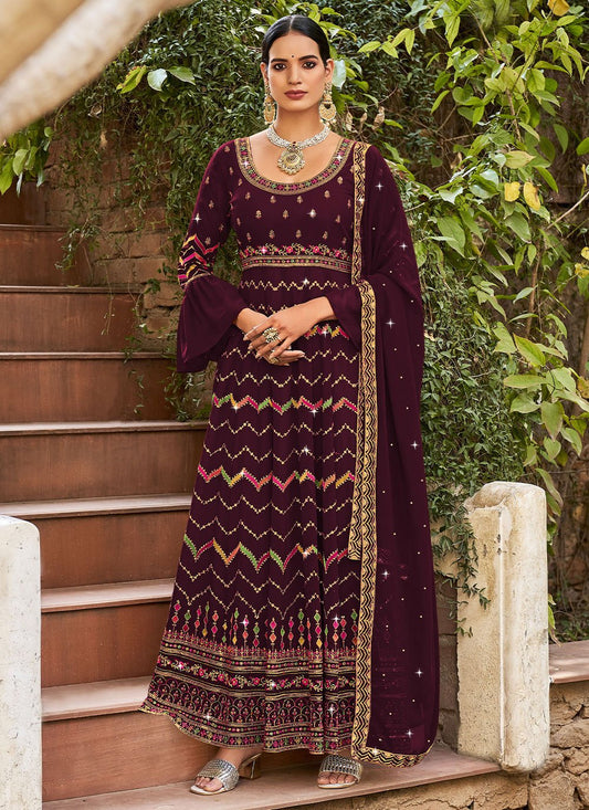 Floor Lenght Salwar Suit Georgette Burgundy Diamond Salwar Kameez