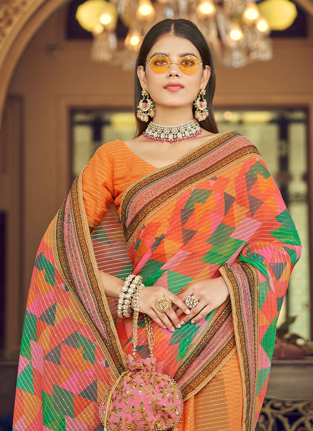 Trendy Saree Georgette Orange Print Saree