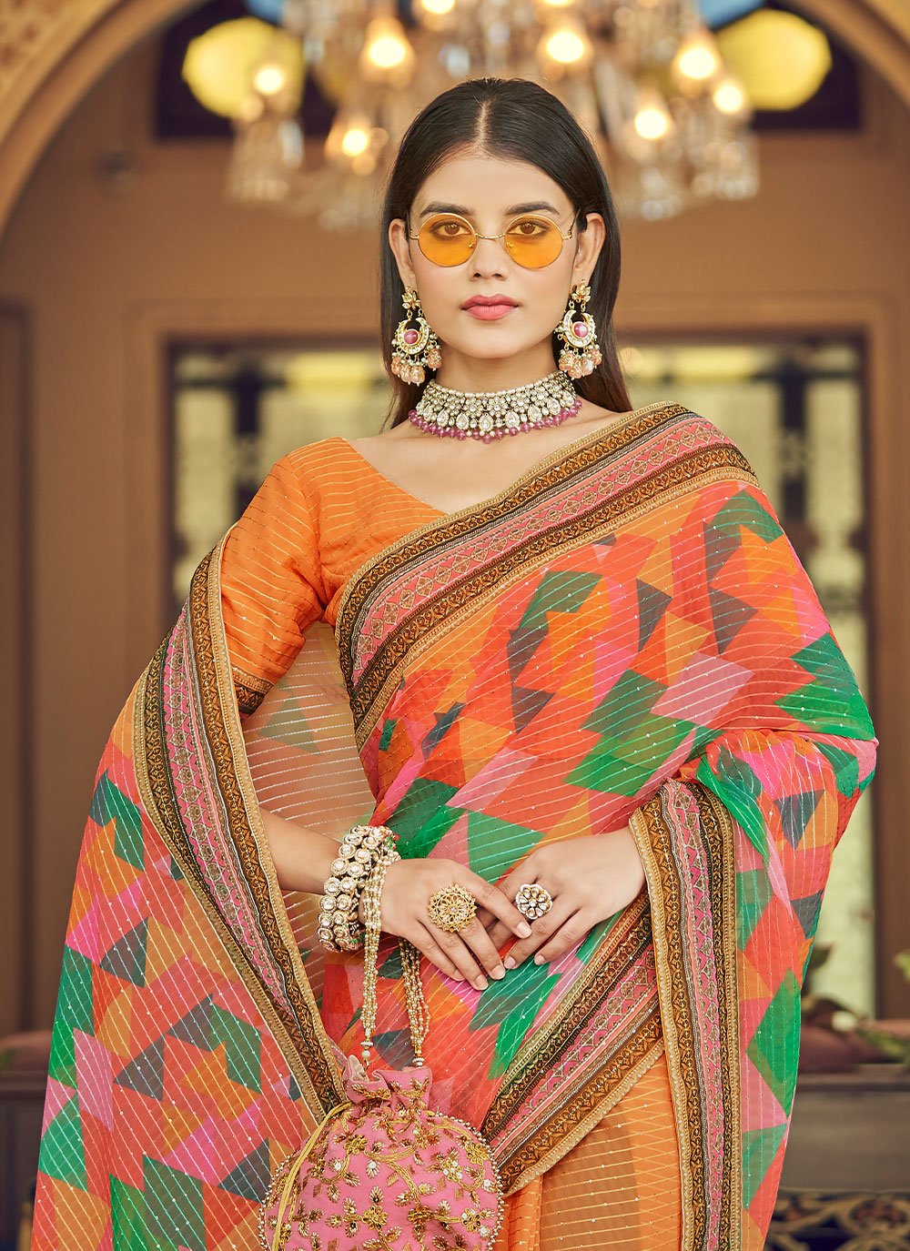 Trendy Saree Georgette Orange Print Saree