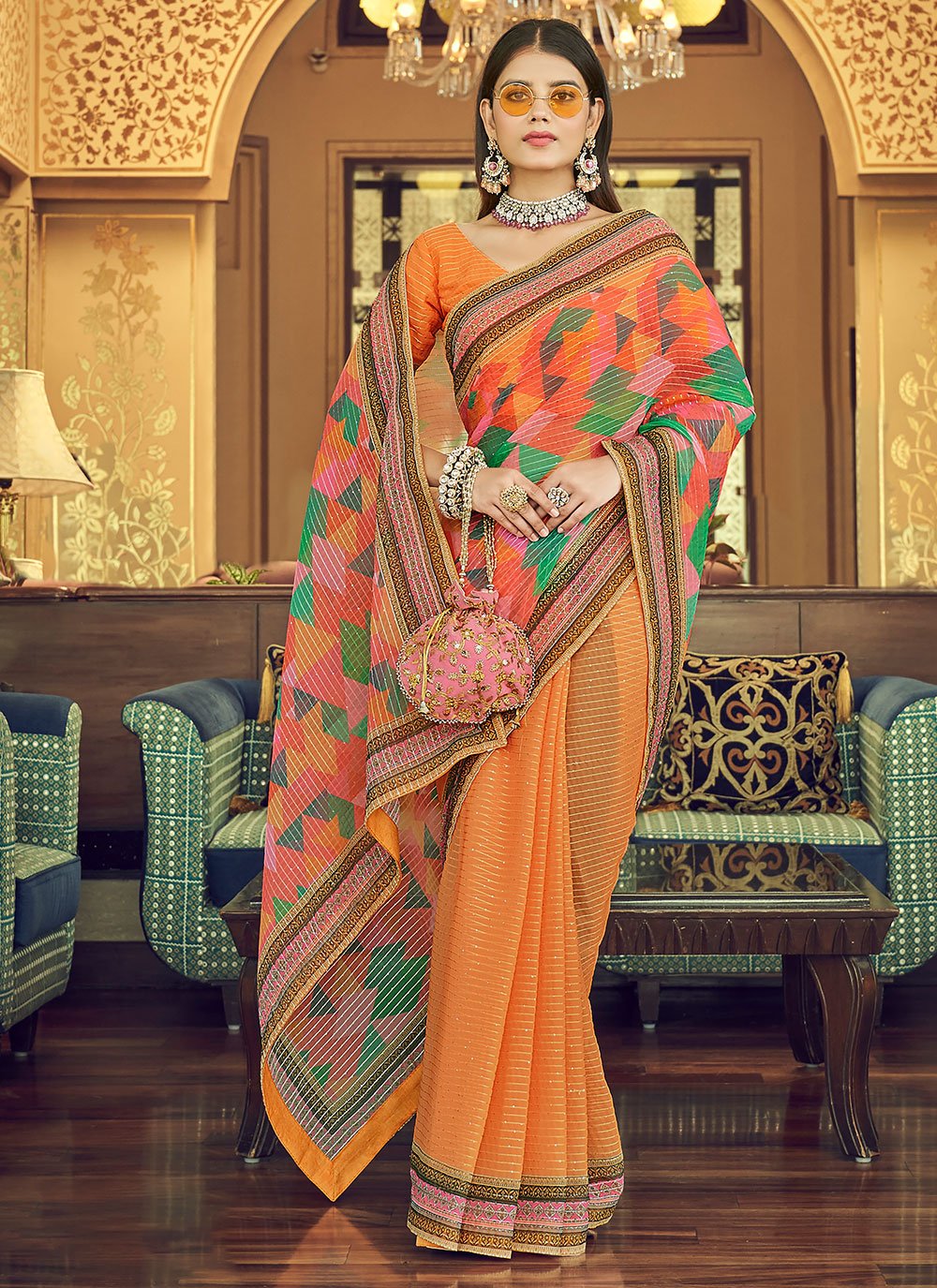 Trendy Saree Georgette Orange Print Saree