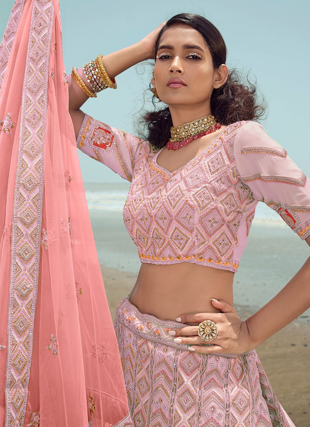 A Line Lehenga Georgette Pink Dori Work Lehenga Choli