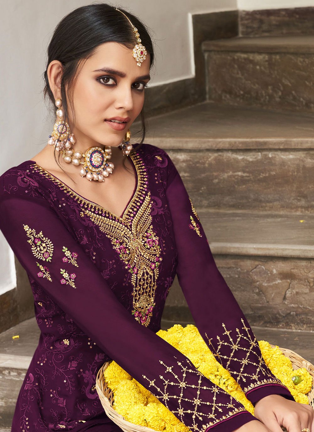 Salwar Suit Georgette Purple Embroidered Salwar Kameez