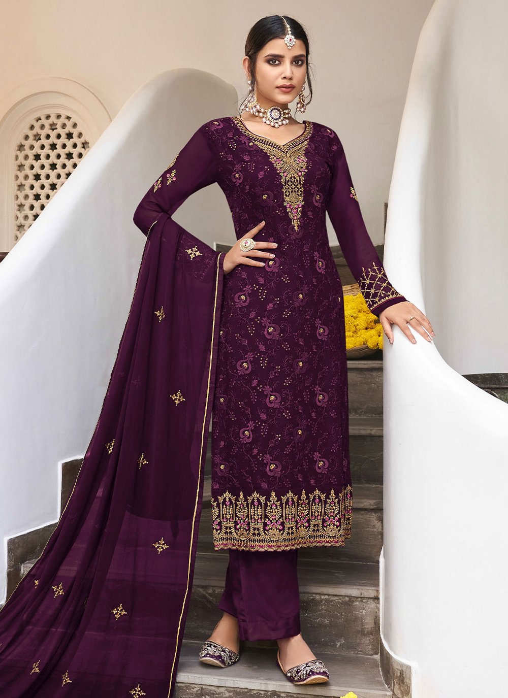 Salwar Suit Georgette Purple Embroidered Salwar Kameez