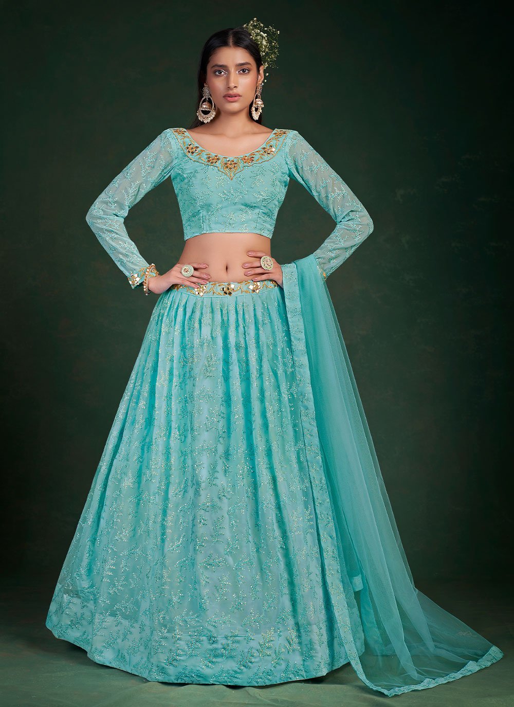 Lehenga Choli Georgette Aqua Blue Thread Lehenga Choli