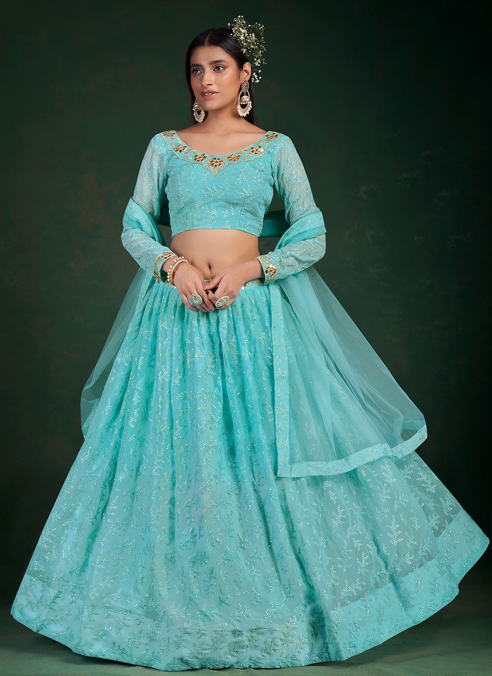 Lehenga Choli Georgette Aqua Blue Thread Lehenga Choli