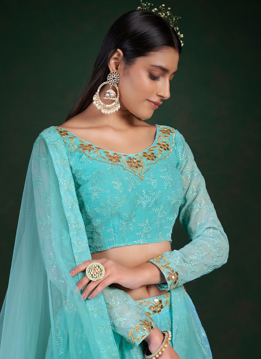 Lehenga Choli Georgette Aqua Blue Thread Lehenga Choli