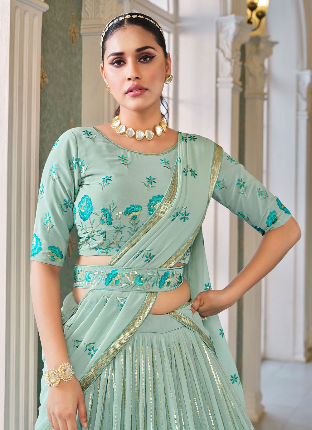 Lehenga Choli Georgette Aqua Blue Embroidered Lehenga Choli