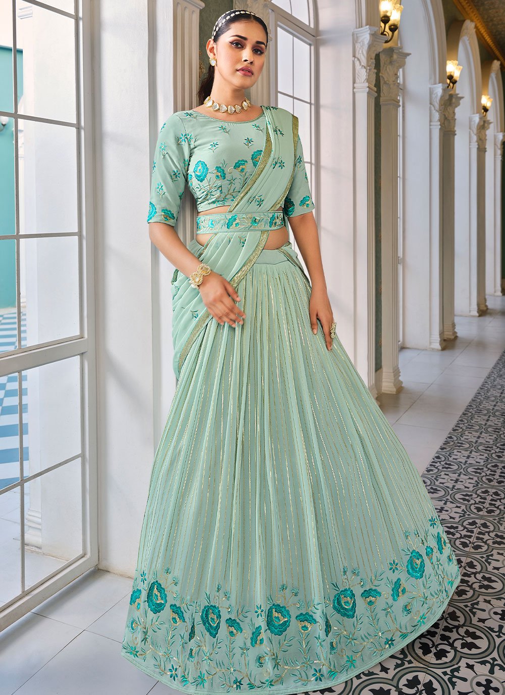 Lehenga Choli Georgette Aqua Blue Embroidered Lehenga Choli