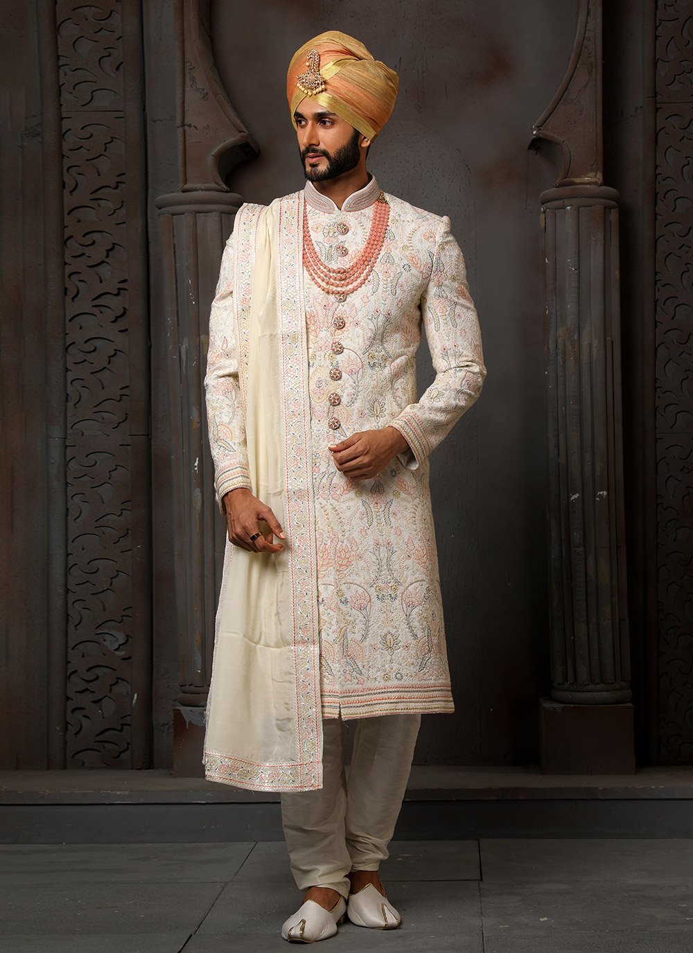 Sherwani Georgette Cream Machine Embroidery Mens