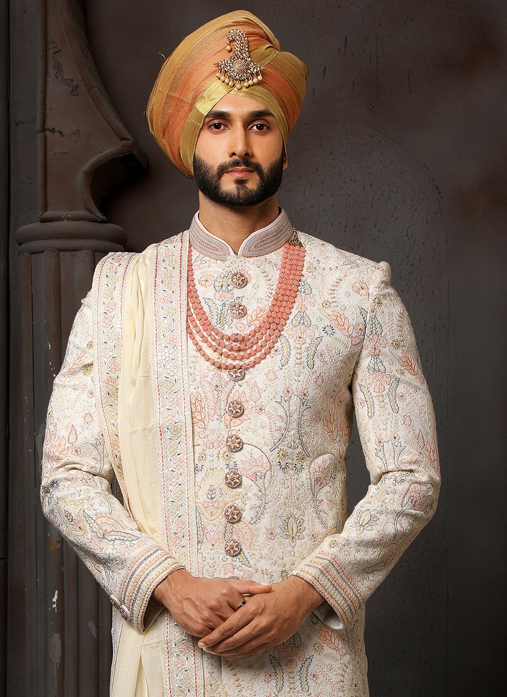 Sherwani Georgette Cream Machine Embroidery Mens