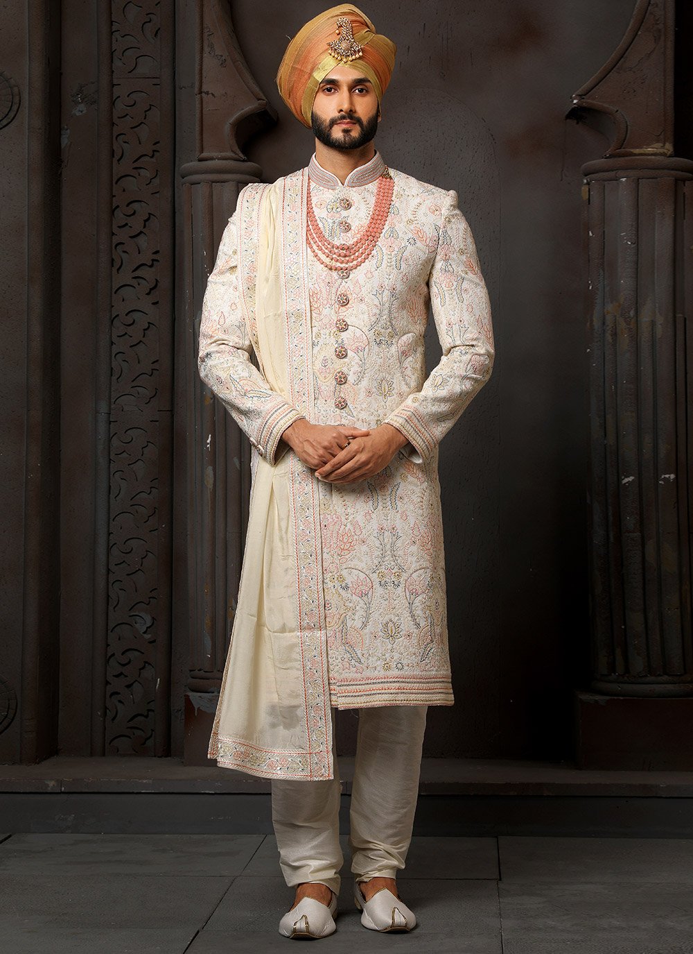 Sherwani Georgette Cream Machine Embroidery Mens