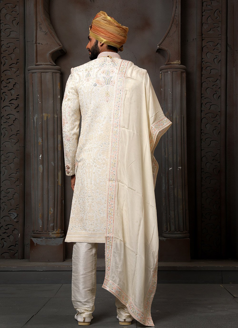 Sherwani Georgette Cream Machine Embroidery Mens