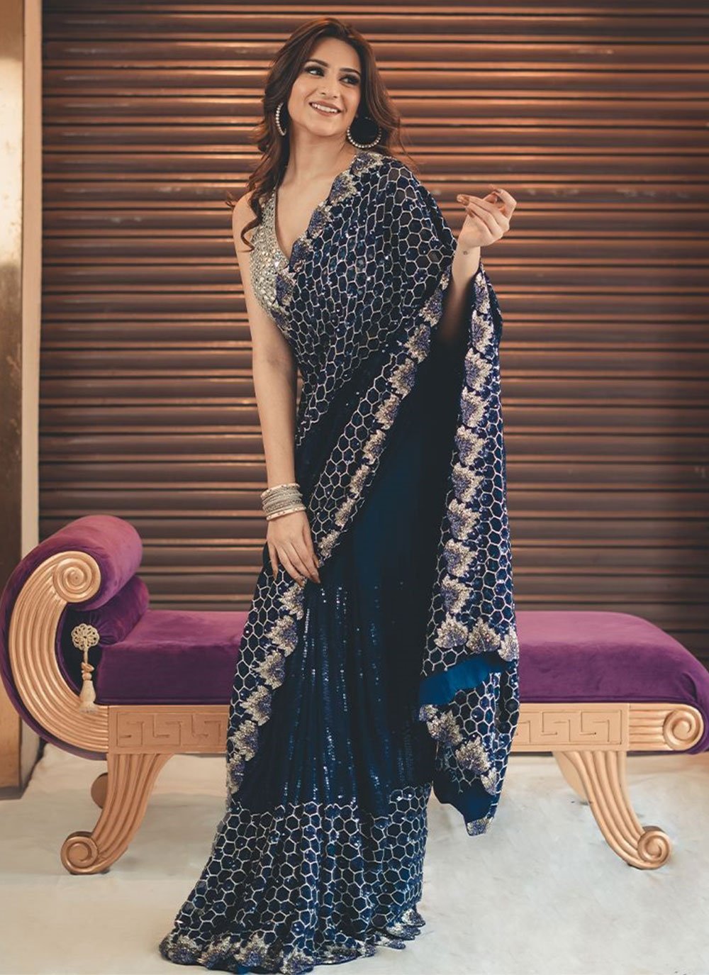 Trendy Saree Georgette Blue Sequins Saree