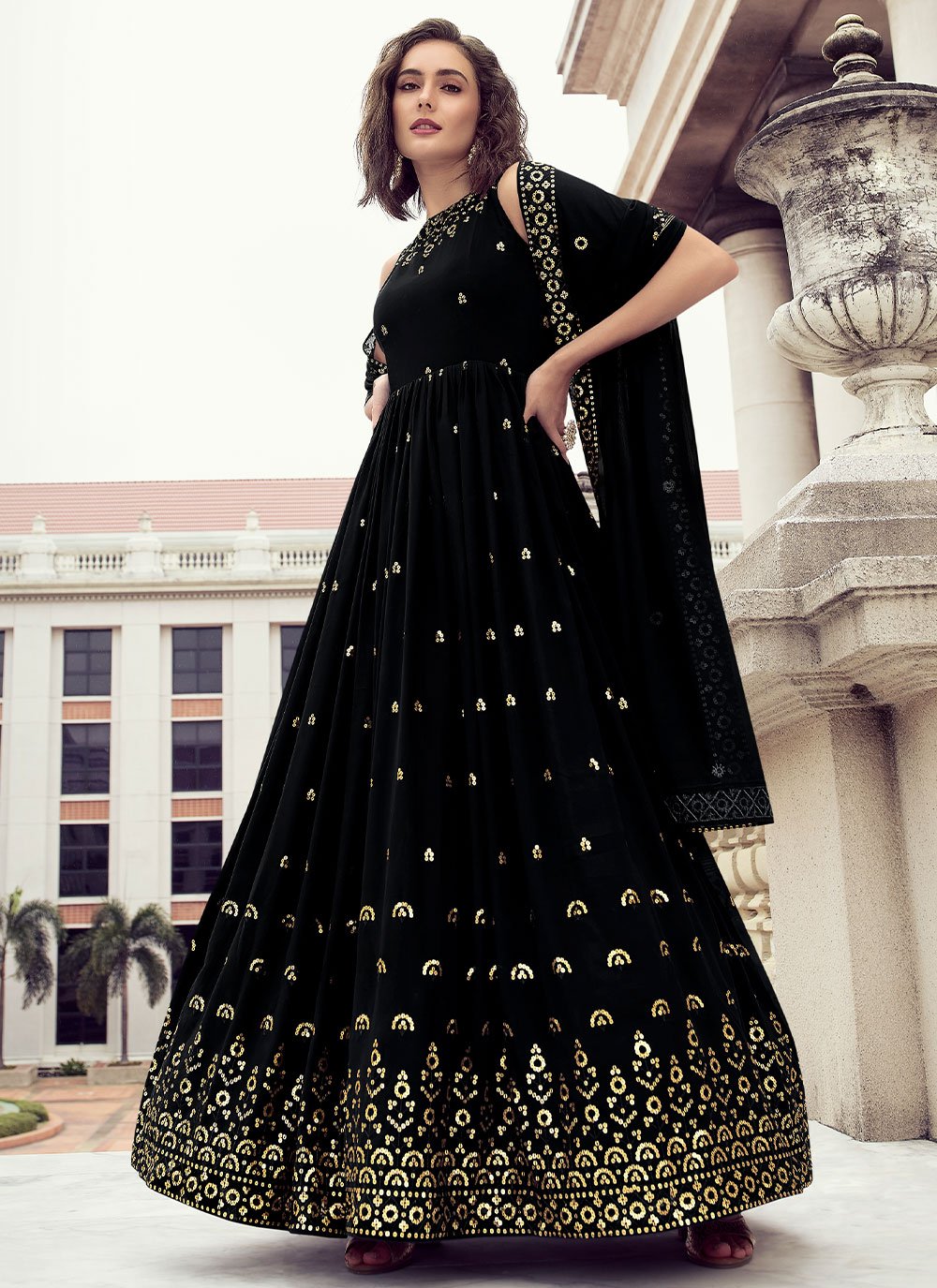 Gown Georgette Black Machine Embroidery Gown