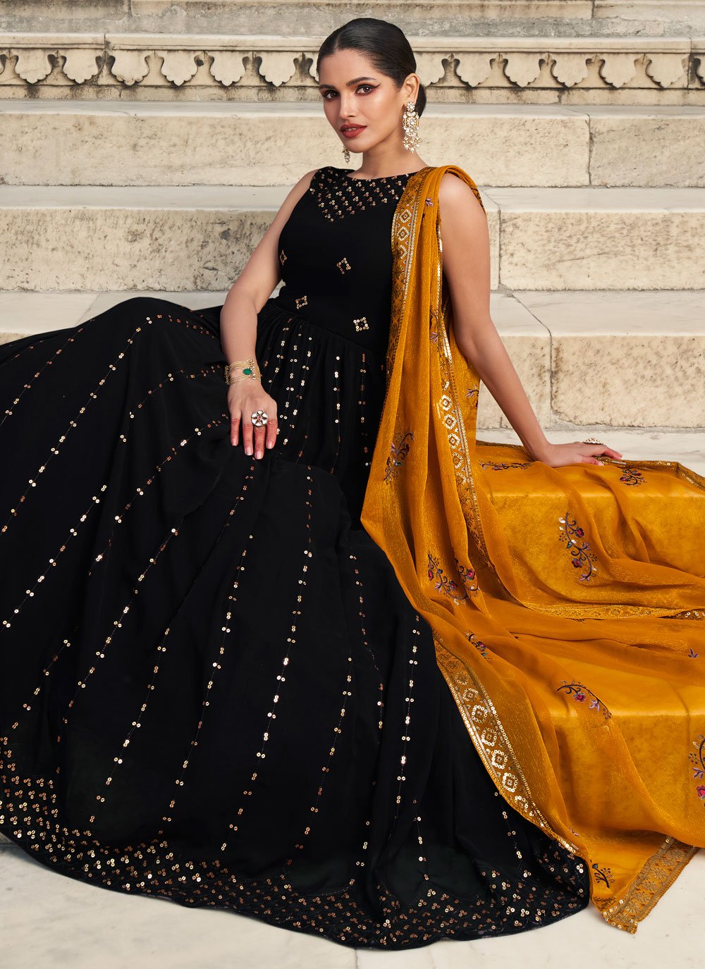 Gown Georgette Black Embroidered Gown