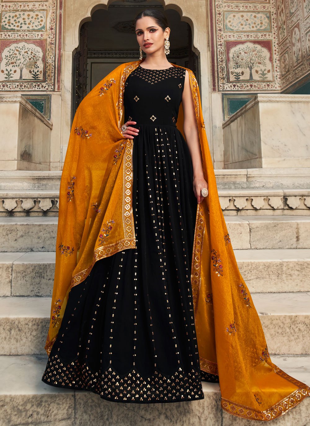 Gown Georgette Black Embroidered Gown