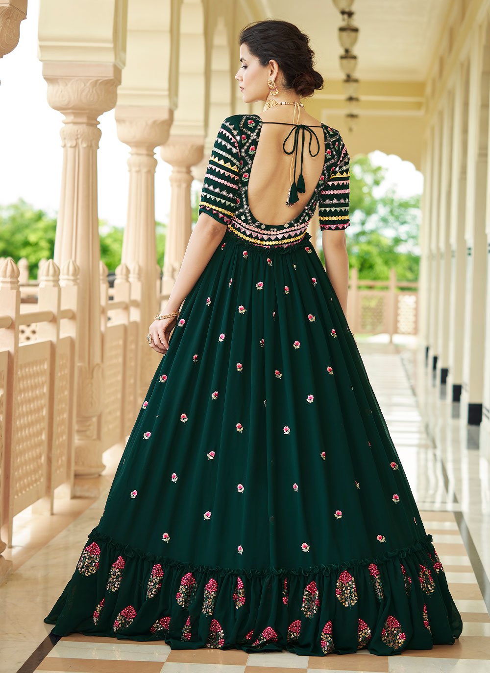 Gown Georgette Green Embroidered Gown