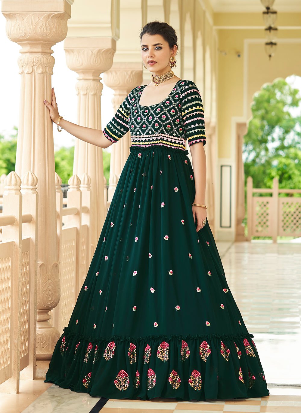 Gown Georgette Green Embroidered Gown