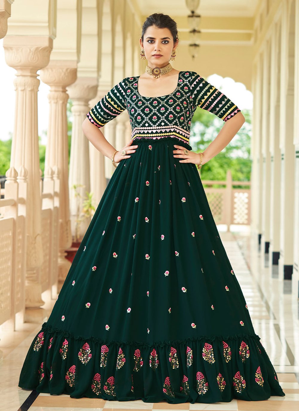 Gown Georgette Green Embroidered Gown