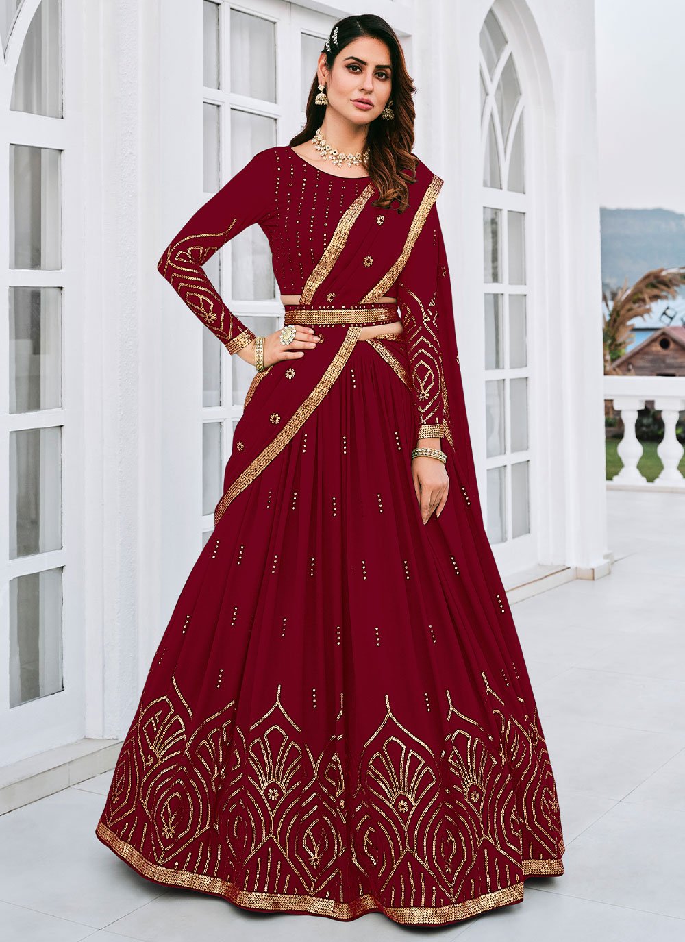 Lehenga Choli Georgette Maroon Embroidered Lehenga Choli