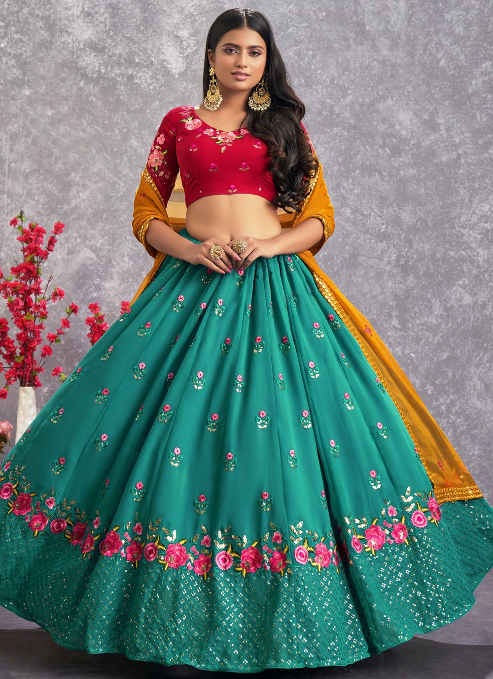 Lehenga Choli Georgette Turquoise Embroidered Lehenga Choli