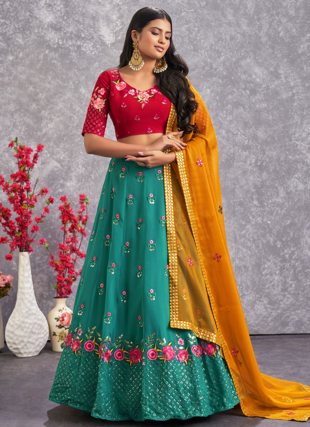 Lehenga Choli Georgette Turquoise Embroidered Lehenga Choli