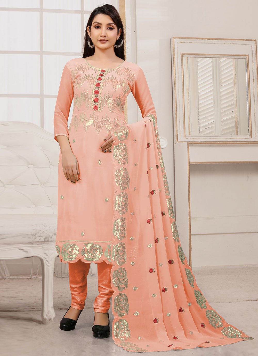 Salwar Suit Georgette Peach Embroidered Salwar Kameez