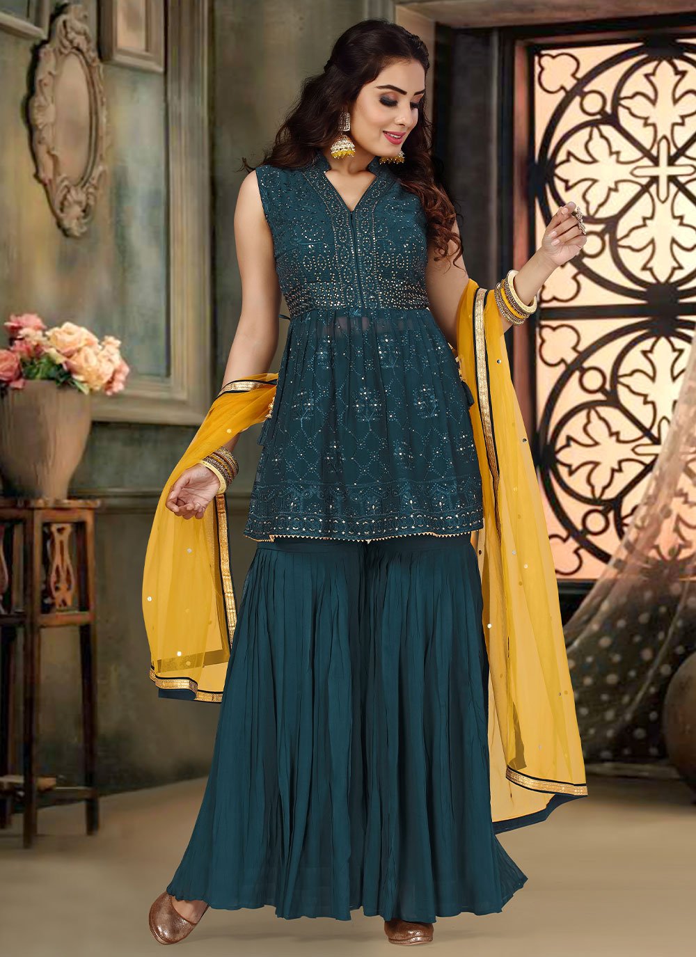 Salwar Suit Georgette Teal Stone Salwar Kameez