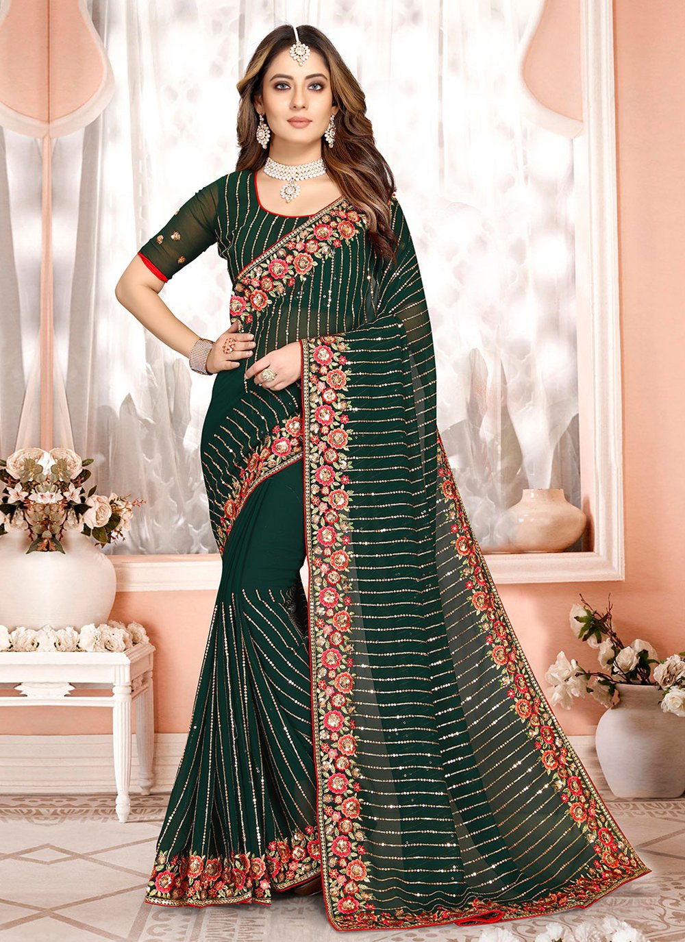 Trendy Saree Georgette Green Embroidered Saree