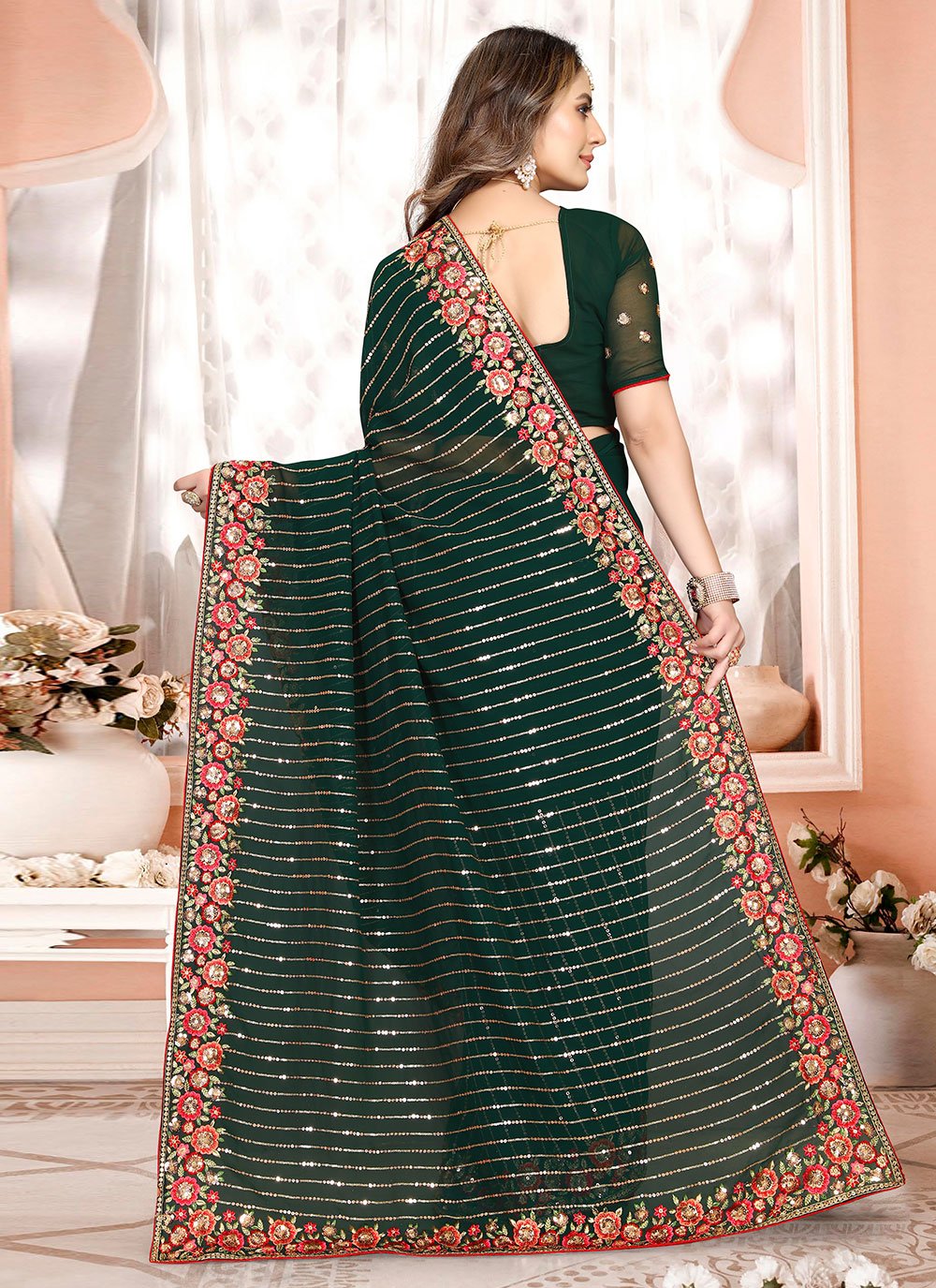 Trendy Saree Georgette Green Embroidered Saree