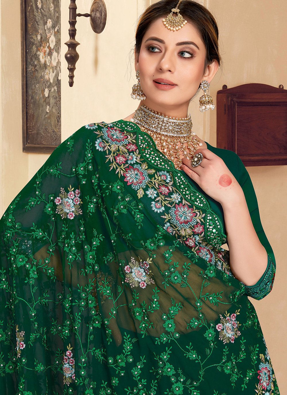 Trendy Saree Georgette Green Embroidered Saree