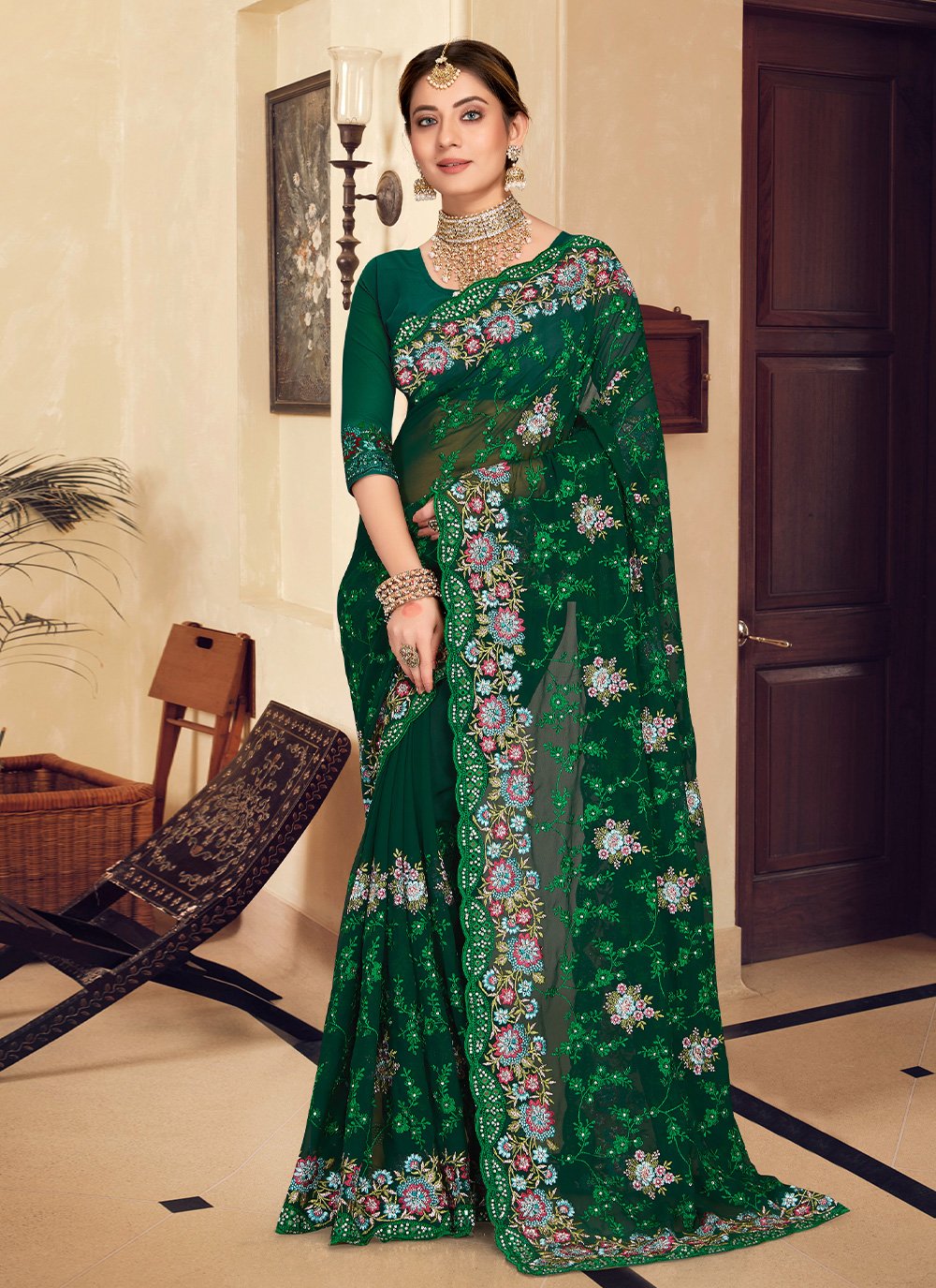 Trendy Saree Georgette Green Embroidered Saree