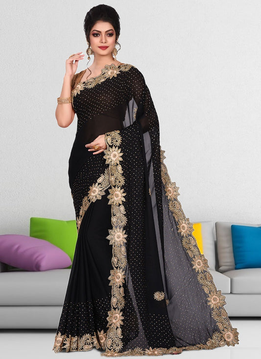 Trendy Saree Georgette Black Hand Work Saree