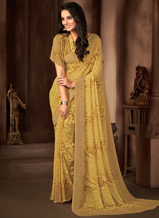 Trendy Saree Georgette Yellow Print Saree