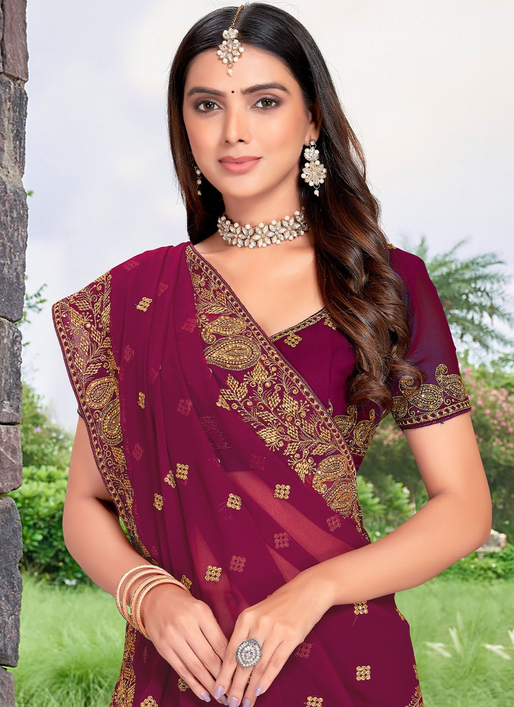 Trendy Saree Georgette Wine Embroidered Saree