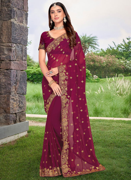 Trendy Saree Georgette Wine Embroidered Saree