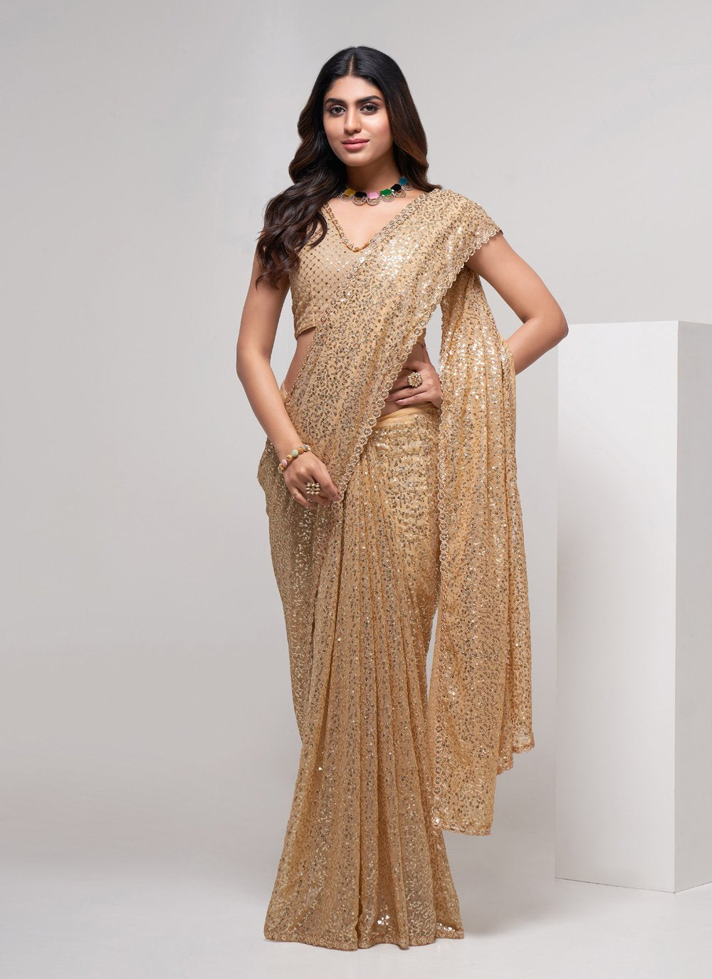 Trendy Saree Georgette Beige Embroidered Saree