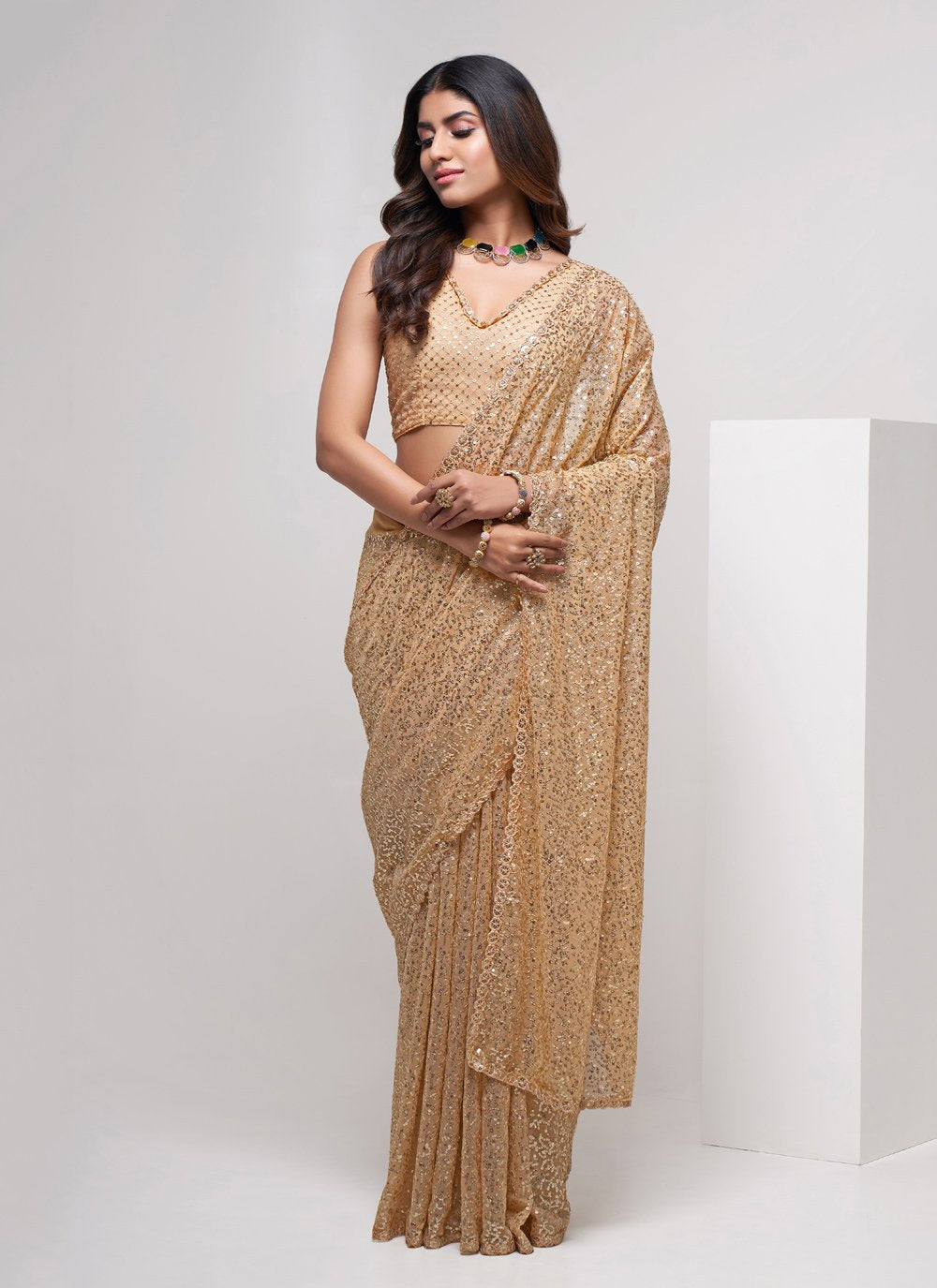 Trendy Saree Georgette Beige Embroidered Saree