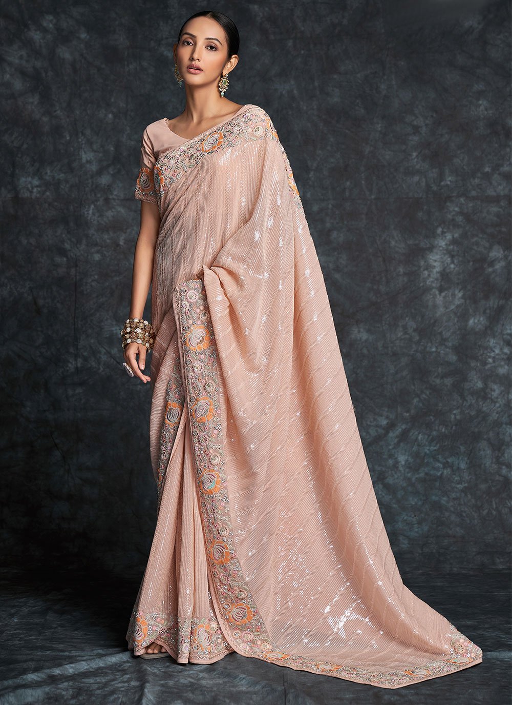 Trendy Saree Georgette Peach Embroidered Saree