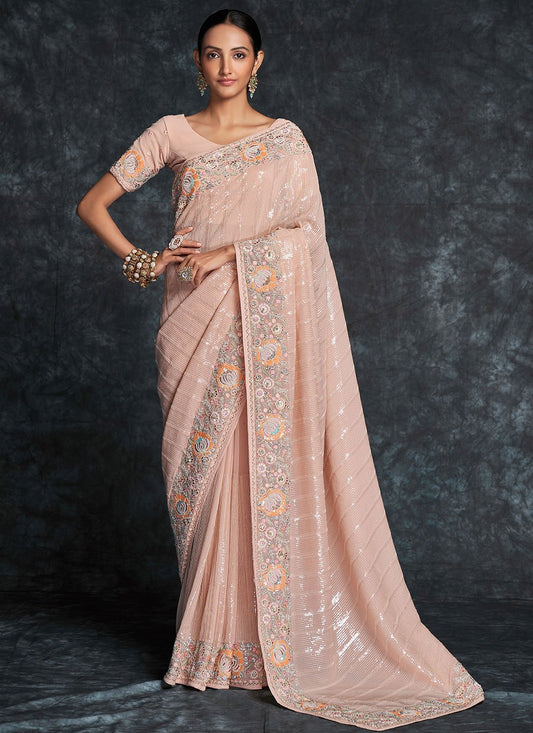 Trendy Saree Georgette Peach Embroidered Saree