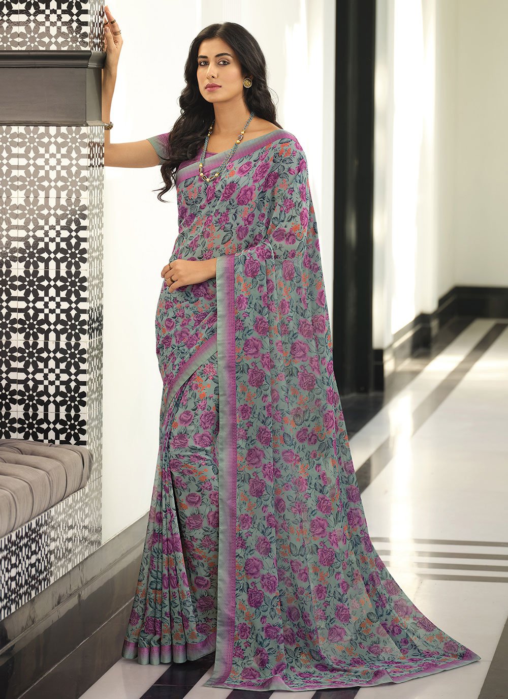 Trendy Saree Georgette Grey Lace Saree