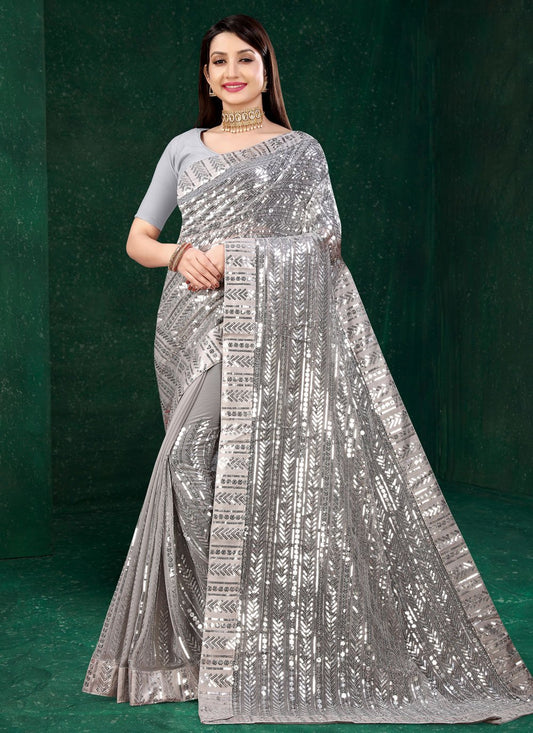 Trendy Saree Georgette Grey Sequins Saree