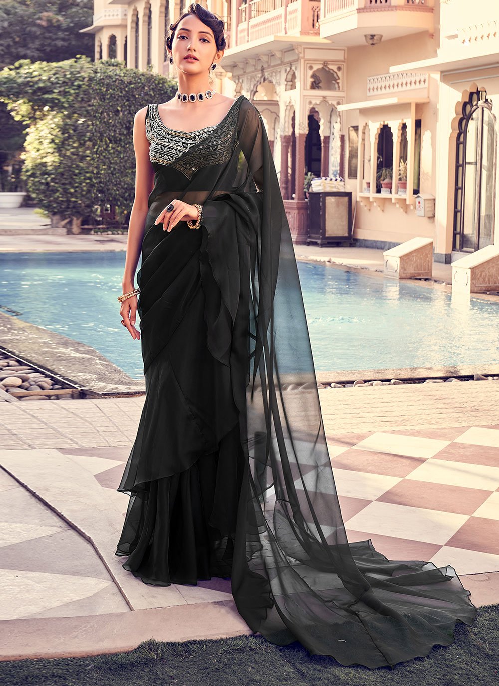 Trendy Saree Georgette Black Sequins Saree